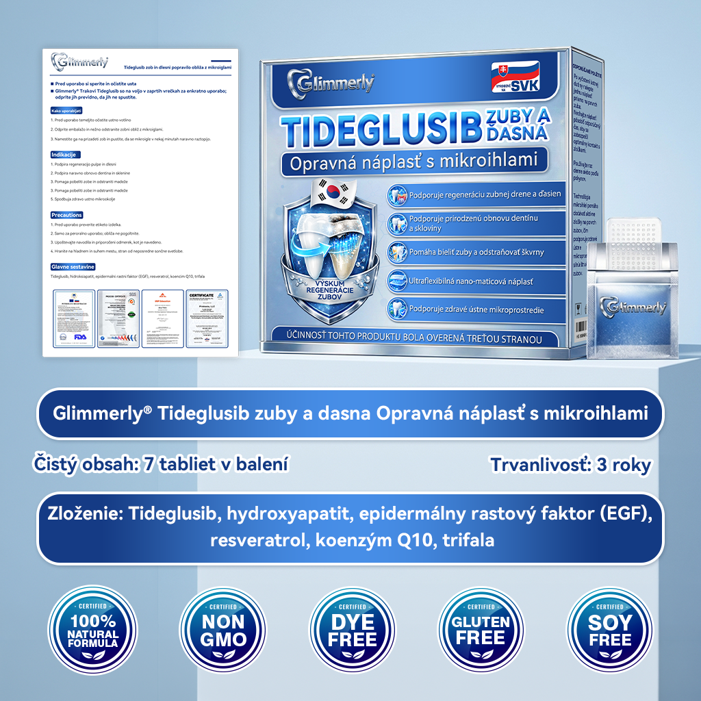 🦷𝐆𝐥𝐢𝐦𝐦𝐞𝐫𝐥𝐲® Tideglusib zuby a dasna Opravná náplasť s mikroihlami | Pokročilé zubné pásiky s aktiváciou kmeňových buniek (obnova skloviny a dentínu • posilnenie ďasien • odstránenie zubného kameňa a zápachu • zastavenie citlivosti zubov)) 3.0